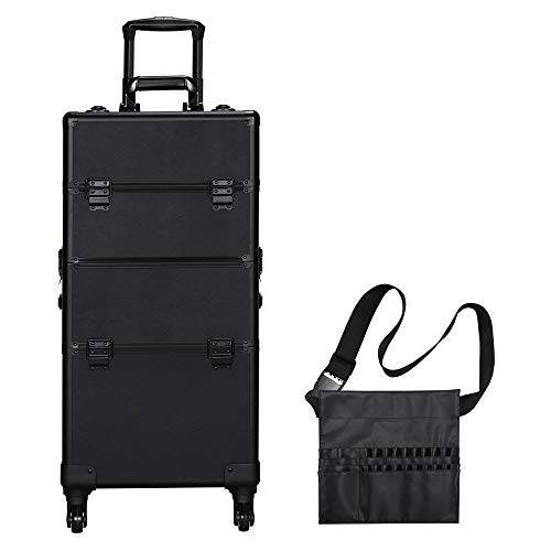 Yaheetech 3 in 1 Aluminum Cosmetic Case Professional Makeup Train Case Large Capacity Trolley Makeup Travel Case Black