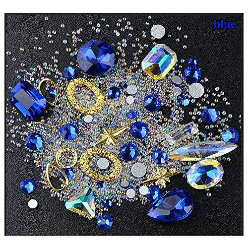Lookathot 1 Box Nail Art Decals Mixed Design 3D Crystal AB Clear Nail Rhinestone Diamond Iridescent Beads Gold Metallic Jewelry Gems Flatback Stones Diy Nail Salon Beauty Decoration (Blue)