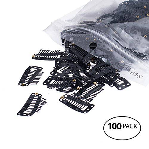 SWACC 100 Pcs U Shape Metailic Snap Clips ins for Hair Extension Hairpiece DIY Snap-Comb Wig Clips with Rubber (Black, General U Shape 6 Holes)
