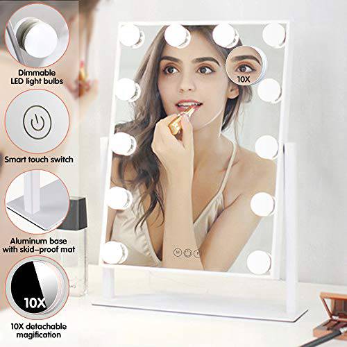 FENCHILIN Lighted Makeup Mirror Hollywood Mirror Vanity Makeup Mirror with Light Smart Touch Control 3Colors Dimable Light Detachable 10X Magnification 360°Rotation(Black)