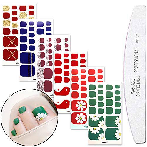 WOKOTO 6 Sheets Adhesive Toenail Art Polish Stickers Strips With 1Pc Nail File Flower Manicure Design Adhesive Nail Wraps Decals Tips
