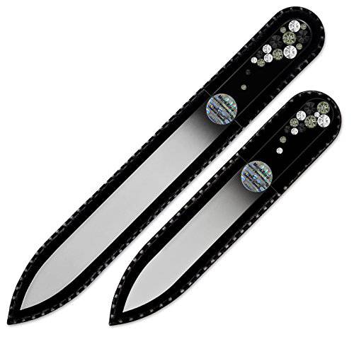 Mont Bleu Premium Set of 2 Glass Nail Files Hand Decorated with Crystals - in Black Velvet Sleeve - Genuine Czech Tempered Glass - Mom Gifts - Handmade Glass Nail File for Natural Nails
