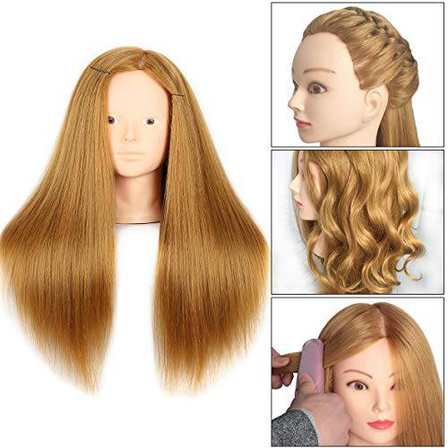 20 Inch 60% Human Hair Training Practice Head Styling Cutting Mannequin Manikin Head with Free Clamp Holder Brown Hair Doll Head