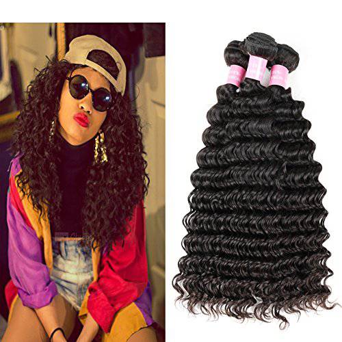 Brazilian Deep Wave 9A Unprocessed Virgin Hair 3 Bundles with Middle Part Lace Closure 4×4 Lace Mixed Length Hair Bundles Natural Color for Black Women Miss GAGA (24 26 28+20)