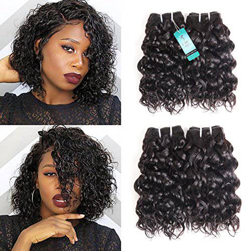 Water Wave Bundles with T Part Lace Closure UDU 12A Wet and Wavy Human Hair Bundles with Closure 100% Unprocessed Human Hair Extensions Short Curly Remy Hair Weft with Middle Part Closure 50g/bundle