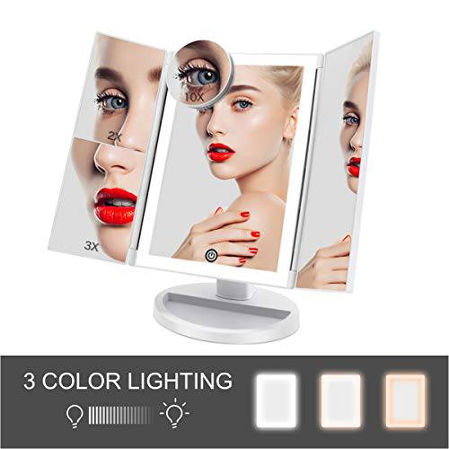 FASCINATE Trifold Lighted Makeup Mirror 3 Color Lights 72 LEDs Makeup Vanity Mirror with 10X/3X/2X/1X Magnification, Cord & Cordless, 180°Rotation Portable High-Definition Cosmetic Mirror (Black)