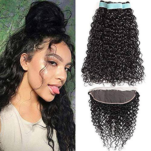Water Wave 3 Bundles with Frontal 13x4 Free Part Lace Frontal Brazilian Virgin Human Hair 100% Unprocessed Ocean Wave Curly Hair 3 Bundles with Frontal(24 26 28 + 20 frontal)