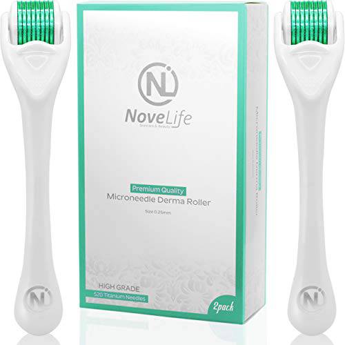 NoveLife Derma Roller - Microneedle .25mm 2pack - Micodermabrasion Dermaroller for Face, Body, Hair & Beard Growth - 540 Titanium Microneedling Facial Skincare Kit - Beauty Gift Set for Women & Men