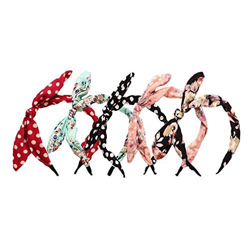 Qiabao 5 Pack Assorted Wire Bow Tie Hard Headband Hair Band for Women Girls