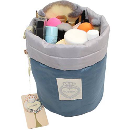 HOYOFO Drawstring Makeup Bags Travel Barrel Cosmetics Bag Brush Organizer Waterproof Toiletry Kit Storage Pouch, Grey