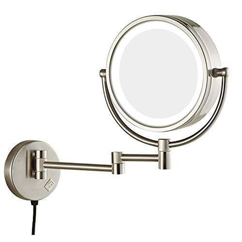 SANLIV Lighted Wall Mount Makeup Mirror,Gold Magnifying Cosmetic Mirror,8.5 Inch Double Sided Vanity Shaving Mirror with 7X Magnification,360 Degree Swivel Lighted Makeup Mirror