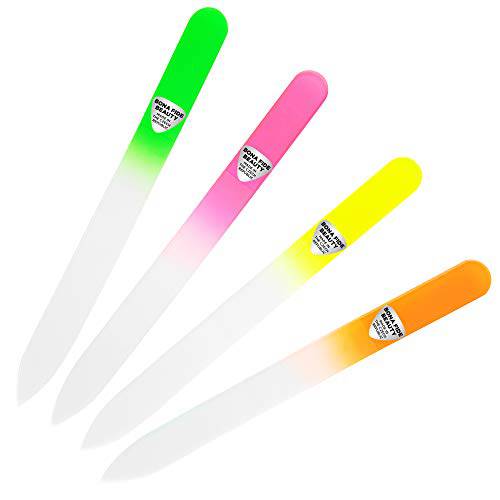 Glass Files for Nails, Glass Fingernail Files, Manicure Nail Care, Gentle Precision Filing, Expertly Shape Nails & Enjoy a Smooth Finish - Bona Fide Beauty 4-Piece Pastel Premium Czech