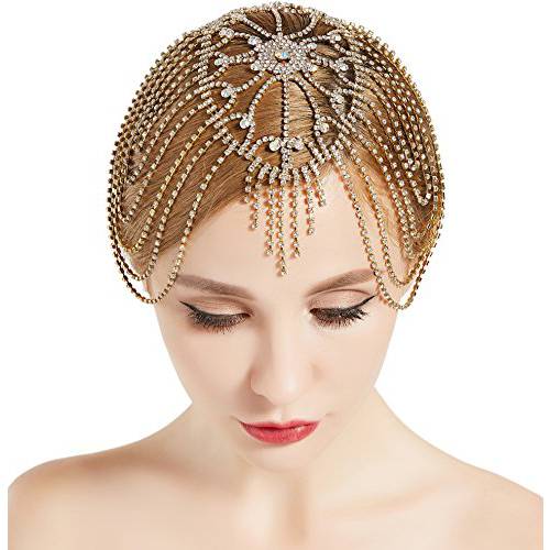 BABEYOND Vintage Style Roaring 20s Crystal Rhinestone Flapper Cap Headpiece Head Jewelry Chains