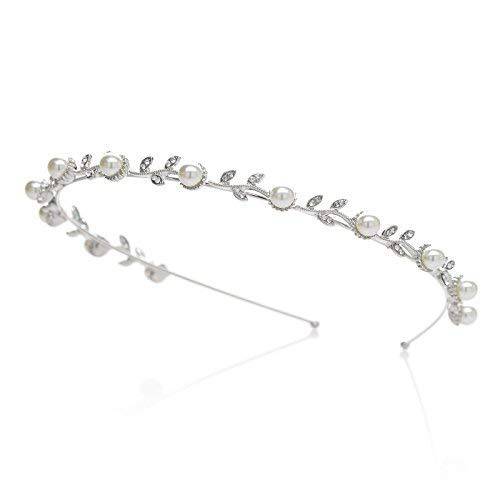 SWEETV Pearl Wedding Headband Silver Double Band Bridal Headpieces Crystal Tiara Women Hair Accessories for Women