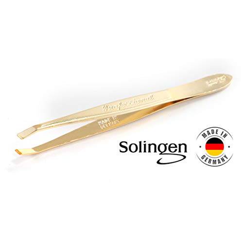 Solingen Tweezers for Eyebrows | Slanted Tip | Professional Stainless Steel |Slanted Tip Tweezers | Best Shaped for Eyebrows Extensions Chin Cheek Face Facial Hair | Made in Germany (Nickel-Gold)