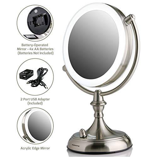 Ovente 7.5 Lighted Tabletop Makeup Mirror, 1X & 10X Magnifier, Adjustable Spinning Double Sided Round LED, Dimmer Switch, Battery USB Powered, Vanity & Skin Care, Polished Chrome MGT75CH1X10X