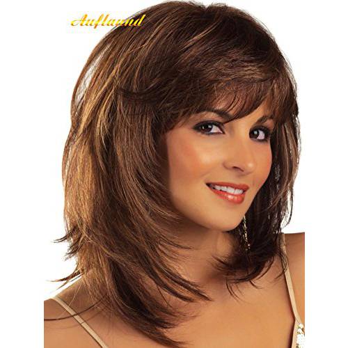Auflaund Fashion Bob Middle Length Straight Layered Brown Hair Wigs for Women Cosplay + Wig Cap