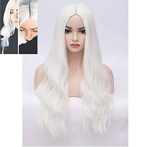 BERON 28’’ Women Girls Long Wavy Synthetic Wigs for Costume Play Party with Wig Cap (White)