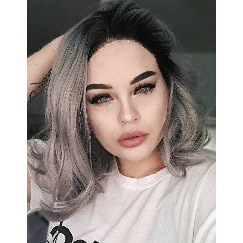 K’ryssma Ombre Gray Lace Front Wigs Dark Roots Short Bob Synthetic Wigs Silver Grey Short Wavy Synthetic Lace Wig for Women 12 inches
