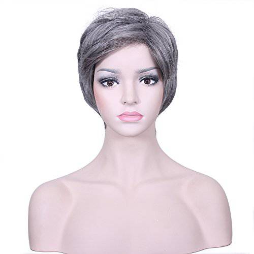 Deifor Old lady Short Messy Curly Synthetic Hair High Temperatuer Natural As Real Hair Wigs for Daily Use (Gray White Ombre)