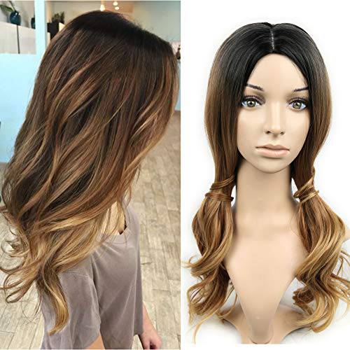 Lady Miranda Long Wavy Wig Ombre Black to Honey Blonde Wig for White Women Middle Part Heat Resistant Synthetic Hair Wig for Daily Use