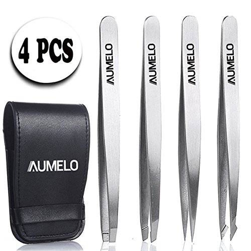 Tweezers Set 4-Piece Professional Stainless Steel Tweezers with Leather Travel Case by AUMELO - Precision Eyebrow and Splinter Ingrown Hair Removal Tweezer - MultiColor