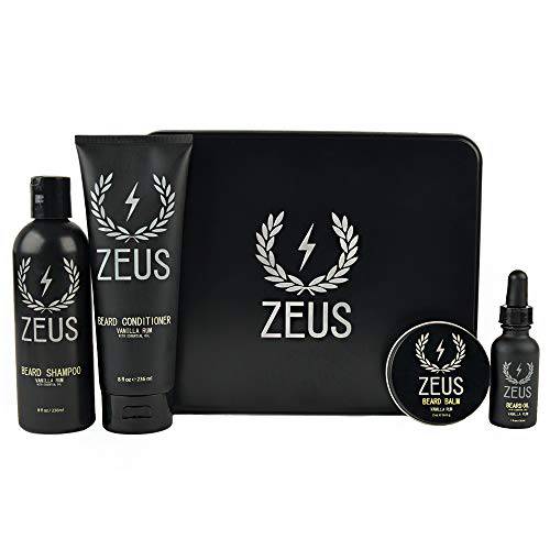 Zeus Men’s Everyday Beard Grooming Kit – Beard Shampoo & Conditioner, Beard Oil & Balm, Beard Wash, Smooth & Shiny Beard (Scent: Sandalwood)