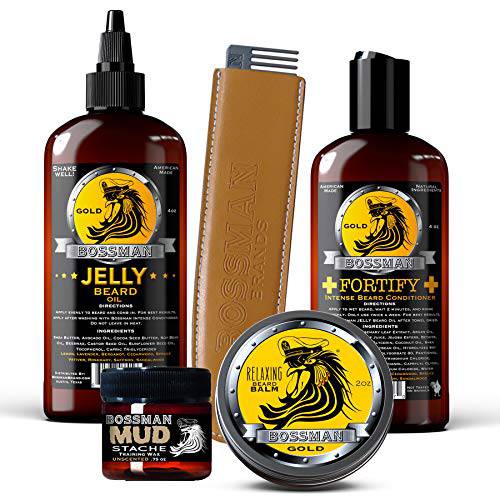 Bossman Complete Beard Kit - Men’s Beard Oil Jelly, Fortify Shower Conditioner, Balm, Mustache Wax and Comb - Beard Softener, Growth, Care and Grooming Products Kit (Magic)