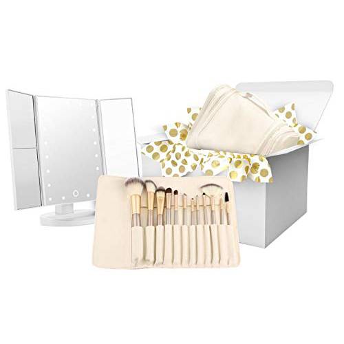 Makeup Brush Set, Hanging Toiletry Bag Travel Case and Trifold Cosmetic Vanity Mirror With 21 LED Lights 1 Beauty Gift Set for Women Girlfriend Mom Gift Basket Holiday Special