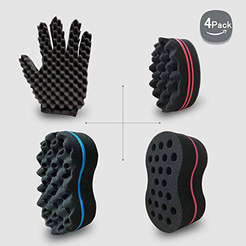 Big Holes Twist Hair Brush Barber Curl Magic Sponge Tutorial and Glove(Double Sided) Kit For Different Styles Dreadlock Afro Coils Wave Men and Women Hair Care Tool Set of 4(Blend)
