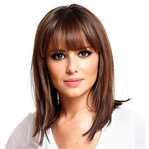 HAIRCUBE Long Brown Bob Wigs Auburn Highlight Wigs Medium Length Wigs for Women Human Hair Wigs Blend Healthy Synthetic 16 Inch Wigs with Bangs