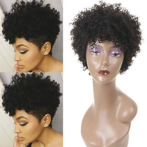 Ms Taj Short Afro Kinky Curly Human Hair Wigs for Black Women Brazilian Virgin Short Curly Afro Wigs None Lace 150% Density Unprocessed Afro Wig Human Hair Curly Machine Made (Natural Color, afro wig)