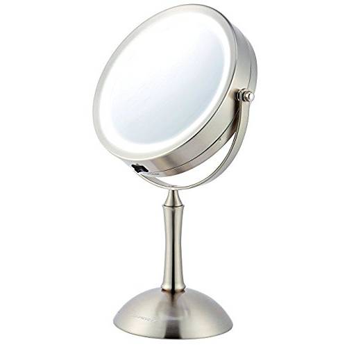 Ovente Circle Lighted Table Top Makeup Mirror 7 Inch 1X 8X Magnification LED Lighted 360 Adjustable Double Sided Spinning Desk Bathroom Stand Large 4AAA Battery Operated Polished Chrome MDT70CH1X8X