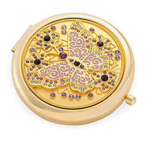 Unique Gifts For Women / 24k Gold Electroplate Makeup Mirror by Jinvun: Ultimate Luxury Round Vanity Mirror w/Diamonds/Sturdy Travel Purse Compact Cosmetic Mirror/Folding Magnifying Beauty Mirror
