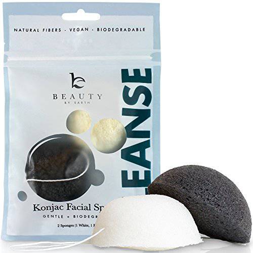 Konjac Sponge - 2 Pack of Natural Facial Sponges for Gentle Cleansing and Face Exfoliating Loofah for Use with Wash, Cleanser or Oil to Clean Skin (1 White Natural, 1 Black Charcoal)