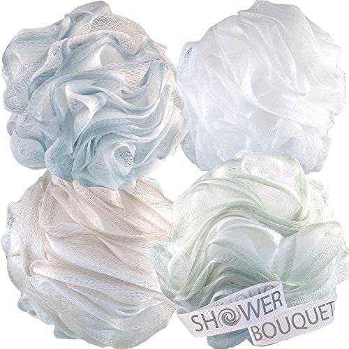 Loofah-Bath-Sponge XL-75g-Soft-Set by Shower Bouquet: 4-Pack-Pastel-Colors - Extra-Large Mesh Pouf Scrubber for Men and Women - Exfoliate with Big Lathering Cleanse