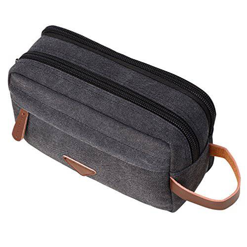 Mens Travel Toiletry Bag Canvas Leather Cosmetic Makeup Organizer Shaving Dopp Kits with Double Compartments (Coffee)