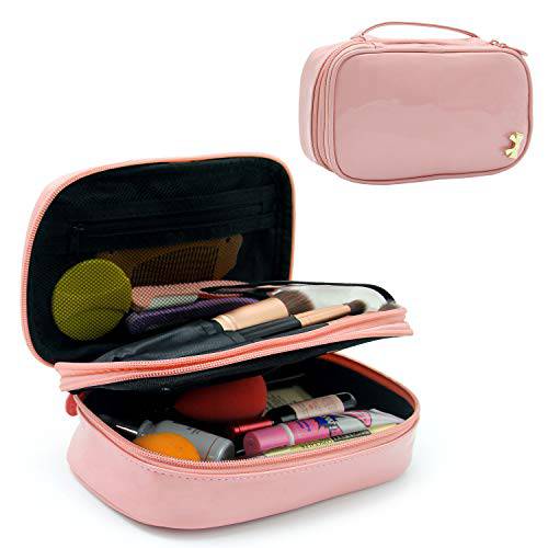 Relavel Makeup Bag Small Travel Cosmetic Bag for Women Girls Makeup Brushes Bag Portable 2 Layer Large Capacity Cosmetic Case Brush Storage Organizer Pouch Christmas Gifts Purse Toiletry Bag (Pink)