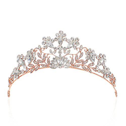 SWEETV Rose Gold Wedding Tiara for Bride, Crystal Tiaras and Crowns for Women, Princess Tiara Costume Crown for Birthday Party Prom