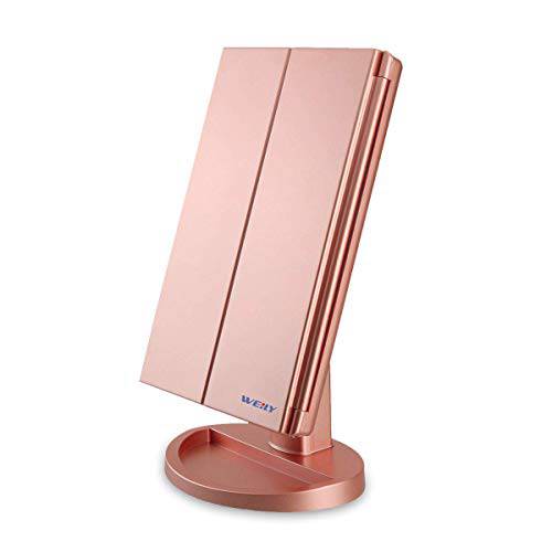WEILY Makeup Mirror with 21 LED Lights,Two Power Supply, Touch Screen and 1x/2x/3x Magnification Tri-Fold Vanity Mirror , Gift for Women（Rose Gold）