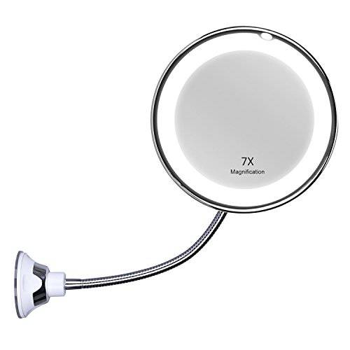KEDSUM Flexible Gooseneck 6.8 10x Magnifying LED Lighted Makeup Mirror, Bathroom Magnification Vanity Mirror with Suction Cup, 360 Degree Swivel, Daylight, Battery Operated, Cordless & Travel Mirror