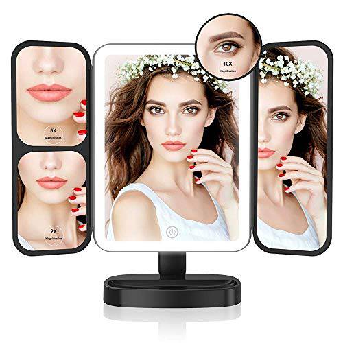 EASEHOLD Makeup Mirror Vanity Mirror with Lights 38 LED Lighted Mirror 1X/2X/5X/10X Magnification Trifold Mirror with Touch Screen 180 Degree Rotation Dual Power Supply Dimming Lit Cosmetic Mirror