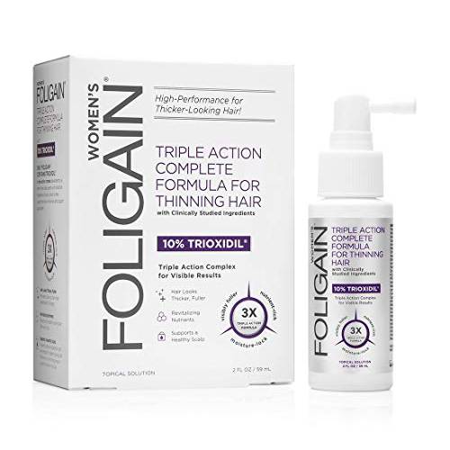 Foligain Triple Action Complete Formula, Volumizing Hair Formula for Thinning Hair, Hair Formula for Women with 10% Trioxidil, 2 Fl. Oz.