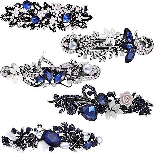 5 Pieces Crystal Rhinestones Hair Barrettes Flower Butterfly Pearl French Vintage Clip Wedding Navy Hair Jewelry for Women