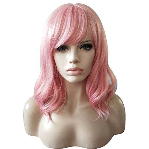 AneShe 14 Inches Women Girls Short Pink Wavy Wig Curly Synthetic Hair Wig With Air Bangs (Pink)