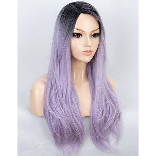 K’ryssma Ombre Purple Synthetic Wigs for Women Long Straight Machine Made Ombre Wig with Black Roots 22 inch