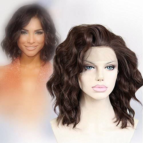 Cbwigs Brown Short Wavy Synthetic Lace Front Wigs for Women Soft Bob Fiber Hair Wig 10 inch