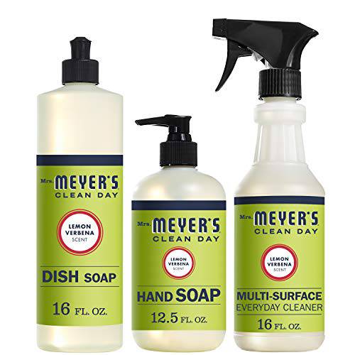 Mrs. Meyer’s Kitchen Essentials Set, Includes: Hand Soap, Dish Soap, and All Purpose Cleaner, Lemon Verbena, 3 Count Pack