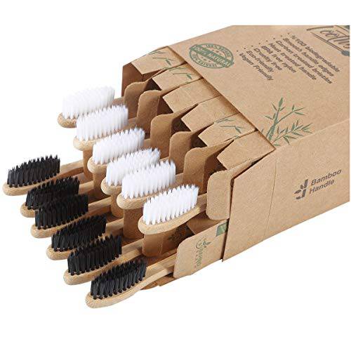 BAMBOEARTH Bamboo Charcoal Toothbrush - Natural Biodegradable and Organic with 100% Eco Friendly BPA Free Bristles Smooth Wood Handle and Zero Waste Packaging - Pack of 12 Wooden Vegan Toothbrushes