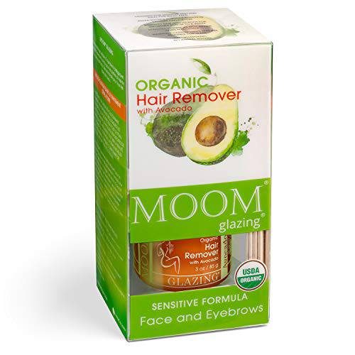 MOOM Organic Lip Face & Eyebrow Wax Kit - Natural Sugar Facial Hair Remover Glaze with Avocado Oil & Green Tea - 18 Waxing Strips & 6 Wooden Sticks for Application 3 oz. 1 Pack